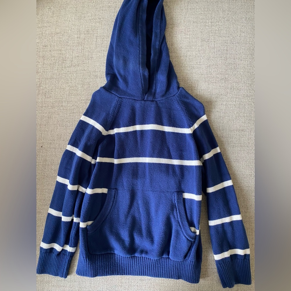 HANNA ANDERSSON Boys Navy/White Striped Hooded Sweater Pullover Size 5